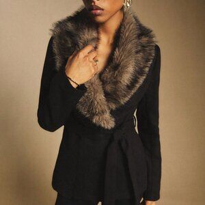 Black Elegant Women's Tie-Front Coat with Faux Collar